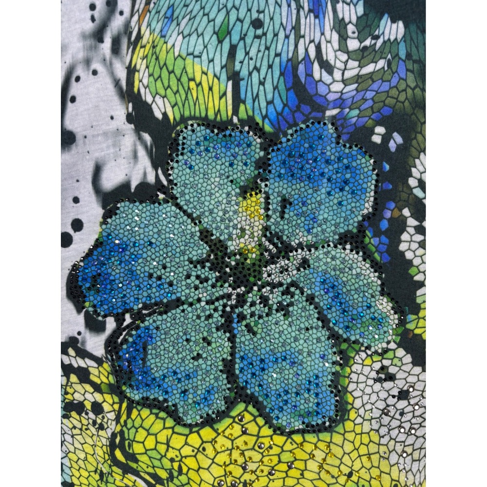 BLEU Women's Medium Blue Green Floral Print Twisted Cutout Tunic Top - Picture 8 of 13